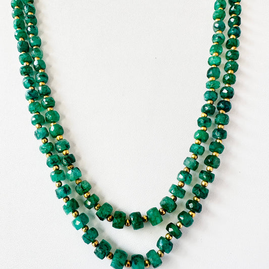 Elegant stone beads necklace with silk tassel, 68cm length, showcasing natural gemstone beads in vivid green.