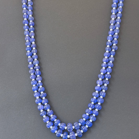 Elegant stone beads necklace with silk tassel, 58cm length, showcasing natural gemstone beads.