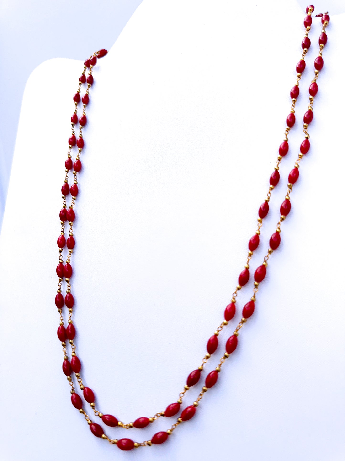 Handmade coral necklace with natural gemstone beads, 2 strands, 56cm length, smooth drum cut for refined elegance.