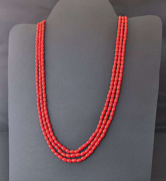 Elegant stone beads necklace with adjustable length, 58cm, showcasing natural gemstone beads in coral red.