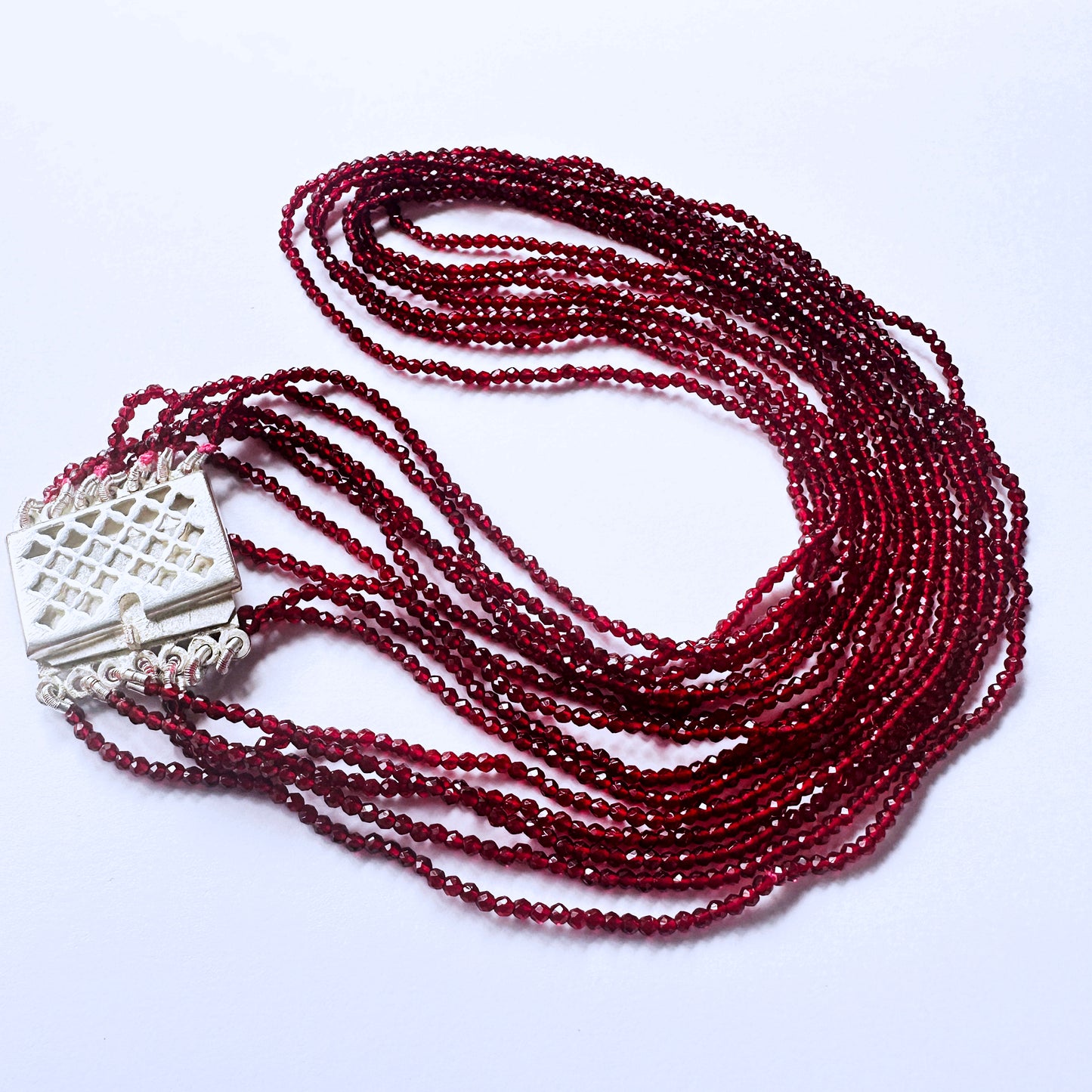 Deep red chalcedony necklace with faceted rondell natural gemstone beads, 7 strands, 2.2mm size, polished shine.