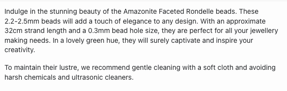 Text describing the product details of the Amazonite Faceted Rondelle, 2.5mm-2.5mm, gemstone semi-precious beads ,as seen on the Australian owned Melbourne Gemstone Beads shop.