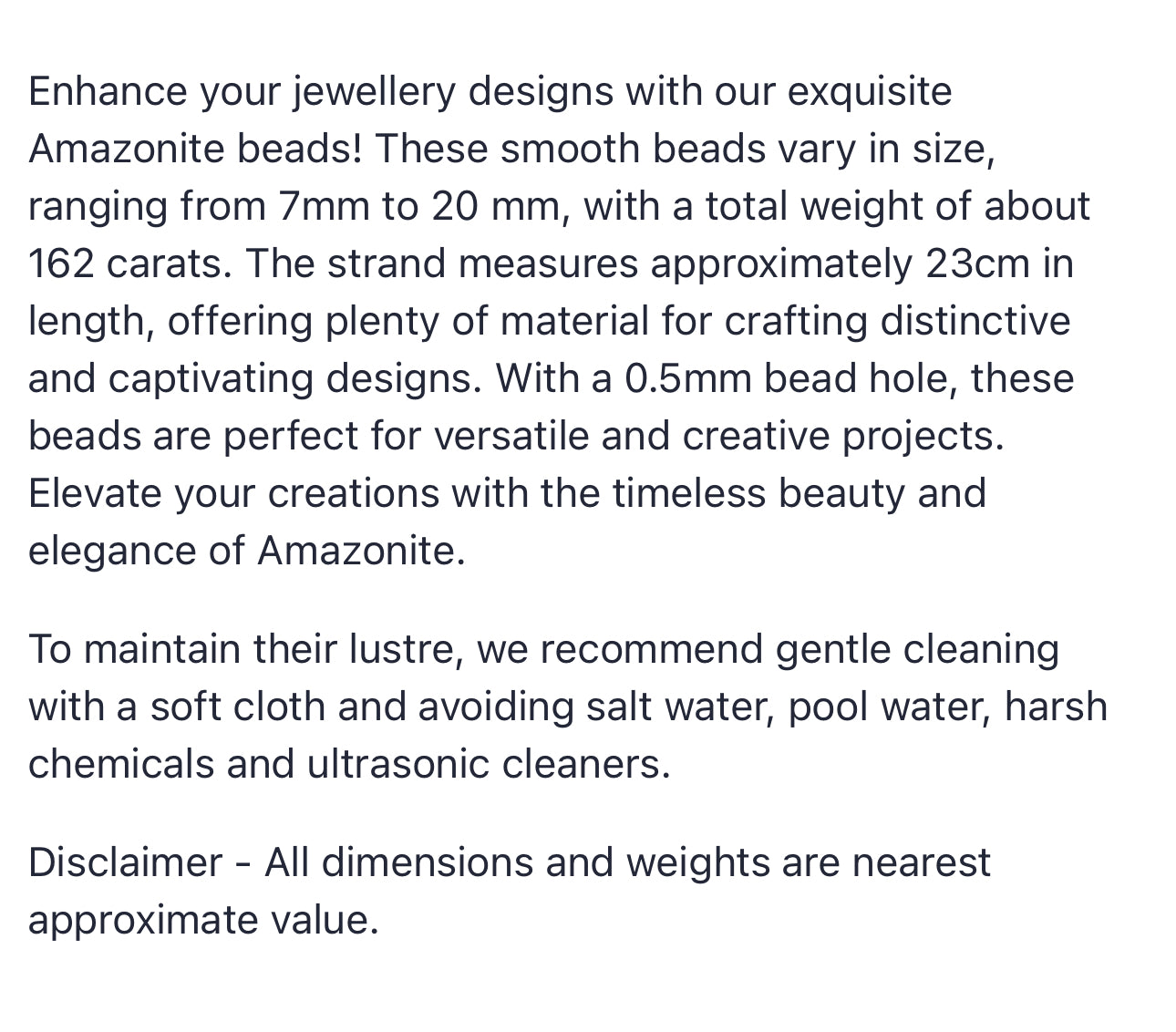 Text describing the product details of the Amazonite gemstone beads, as seen on the Australian owned Melbourne Gemstone Beads shop.