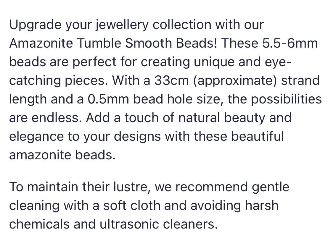 Text describing the product details of the Amazonite gemstone beads, as seen on the Australian owned Melbourne Gemstone Beads shop.