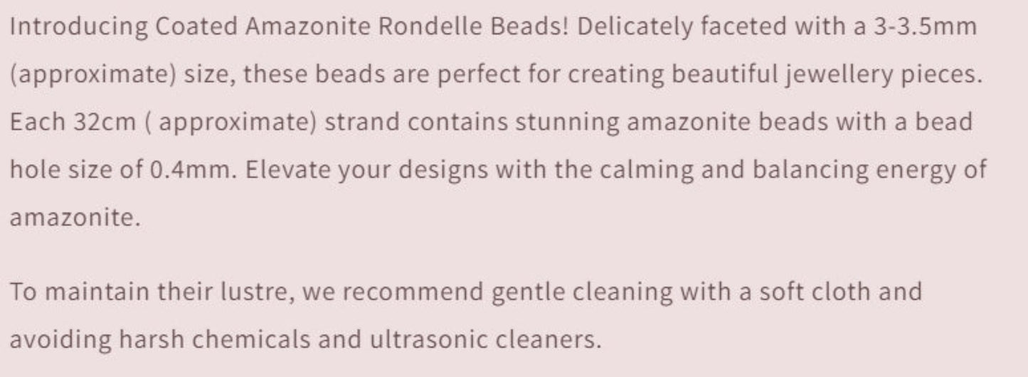 Text description of Amazonite Rondelle Beads with product details.