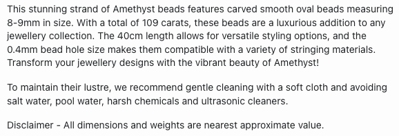 Text describing the product details of the Amethyst gemstone beads , as seen on the Australian owned Melbourne Gemstone Beads shop.