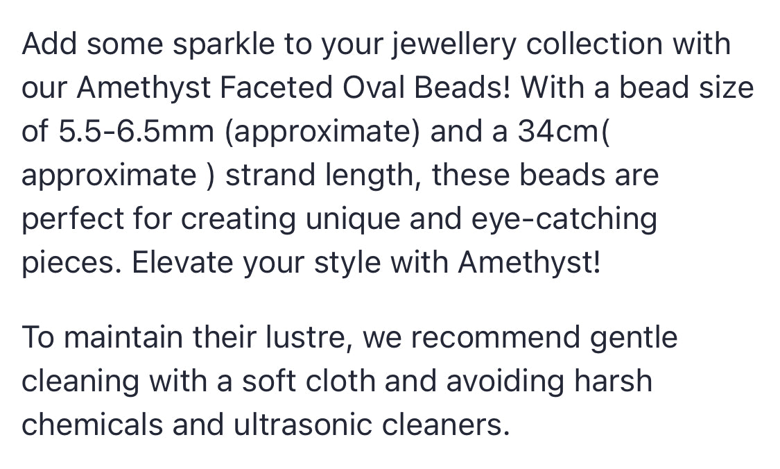 Text describing the product details of the Amethyst Faceted Oval 5.5mm-to-6.5mm gemstone beads , as seen on the Australian owned Melbourne Gemstone Beads shop.