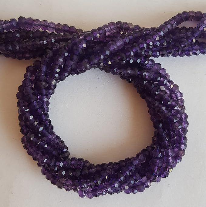 Strands featuring faceted amethyst gemstones, ranging from 3.5mm to 4mm, in a stunning purple hue.