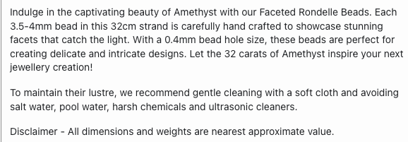 Text describing the product details of the Amethyst Faceted Rondelle 3.5mm to 4mm gemstone beads , as seen on the Australian owned Melbourne Gemstone Beads shop.