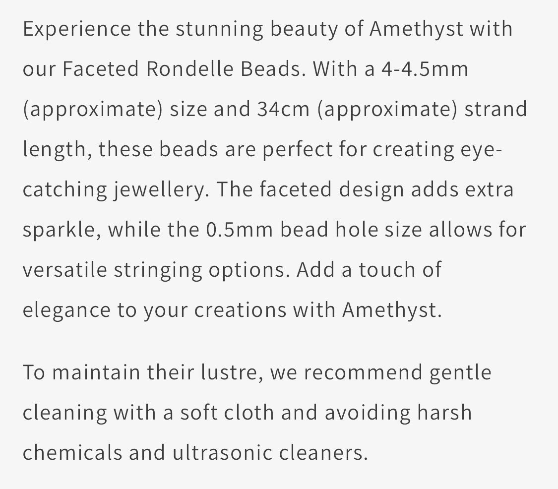 Text describing the product details of the Amethyst Faceted rondelle 4-4.5mm gemstone beads , as seen on the Australian owned Melbourne Gemstone Beads shop.