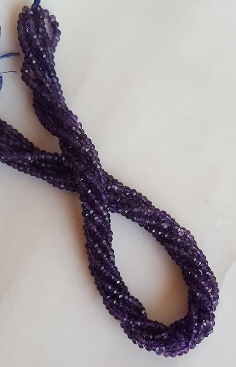 Strand featuring faceted rondelle amethyst gemstones, ranging from 3.5mm to 4mm, in a stunning purple hue.