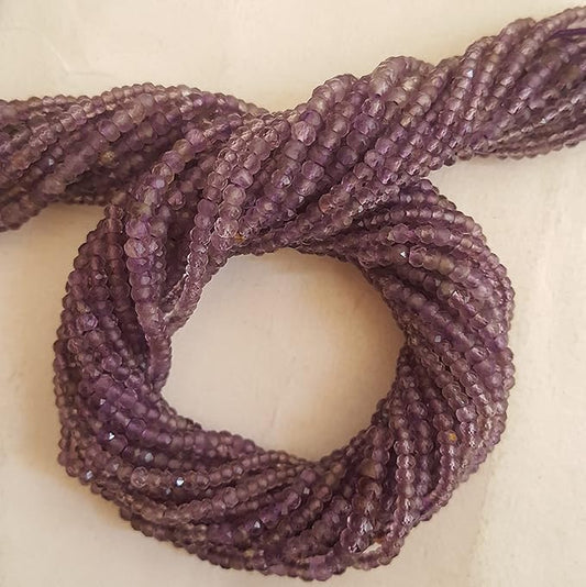 Strands featuring faceted Rondelle amethyst gemstones, ranging from 2.5mm, in a stunning purple hue.