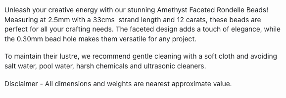 Text describing the product details of the Amethyst Faceted Rondelle 2.5mm natural gemstone beads , as seen on the Australian owned Melbourne Gemstone Beads shop.