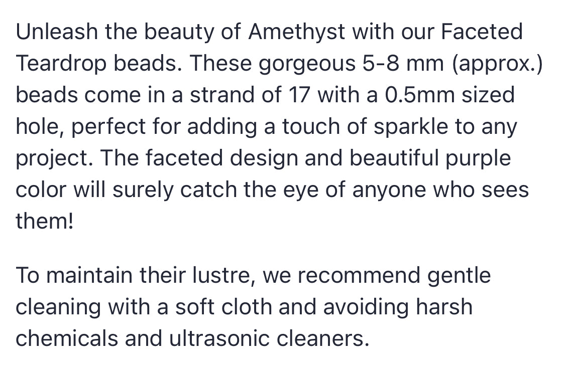 Text describing the product details of the Amethyst Faceted Teardrop 5mm-to-8mm gemstone beads , as seen on the Australian owned Melbourne Gemstone Beads shop.
