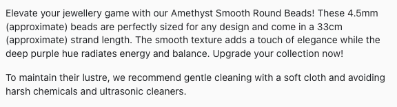Text describing the product details of the Amethyst Smooth Round Beads 4.5mm gemstone beads , as seen on the Australian owned Melbourne Gemstone Beads shop.