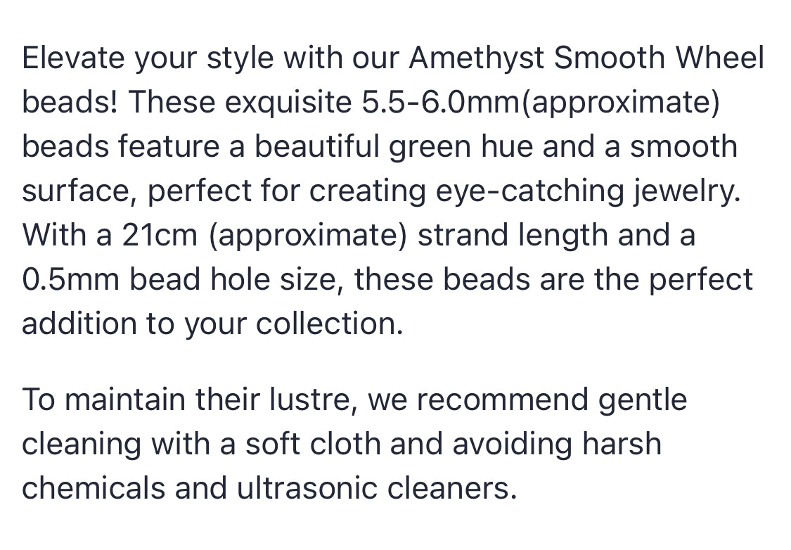 Text describing the product details of the Amethyst Smooth Wheel 5.5-6.0mm gemstone beads , as seen on the Australian owned Melbourne Gemstone Beads shop.