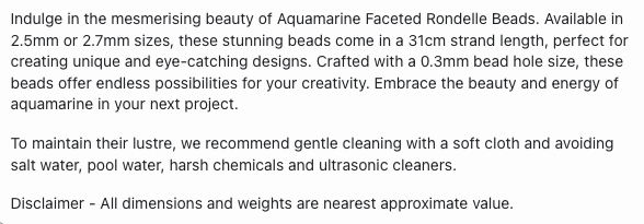 Text describing the product details of the Aquamarine natural gemstone beads, as seen on the Australian owned Melbourne Gemstone Beads shop.