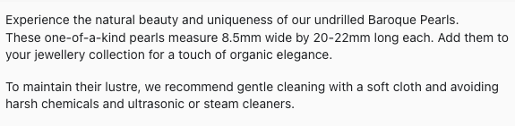 Text describing the product details of the undrilled loose Baroque pearl, as seen on the Melbourne Gemstone Beads shop.