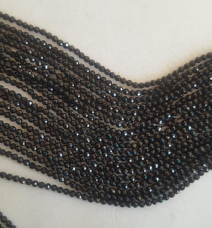 Elegant strands adorned with 2mm black spinel faceted rondelle beads, showcasing a sleek design.