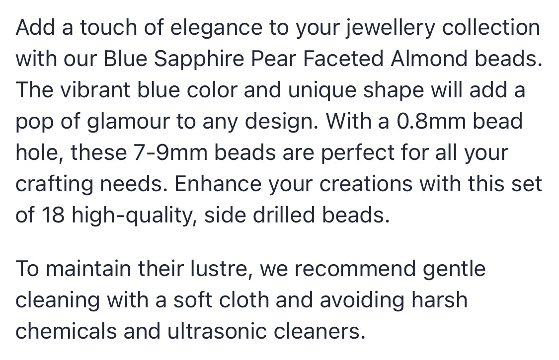 Text describing the product details of the Blue Sapphire Faceted Almond, 7mm to 9mm, gemstone precious beads , as seen on the Australian owned Melbourne Gemstone Beads shop.