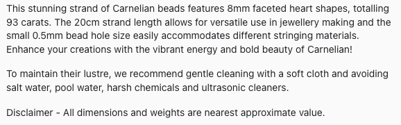 Text describing the product details of the Carnelian natural gemstone beads, as seen on the Australian owned Melbourne Gemstone Beads shop.
