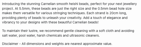 Text describing the product details of the Carnelian Smooth Heishi natural gemstone beads, as seen on the Australian owned Melbourne Gemstone Beads shop.
