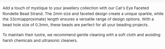Text describing the product details of the cat's eye 2mm gemstone semi-precious beads , as seen on the Australian owned Melbourne Gemstone Beads shop.