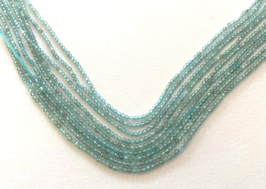 Elegant strands adorned with 2mm blue faceted rondelle chalcedony beads, showcasing a sleek design.
