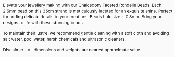 Text describing the product details of the Chalcedony gemstone beads, as seen on the Australian owned Melbourne Gemstone Beads shop.