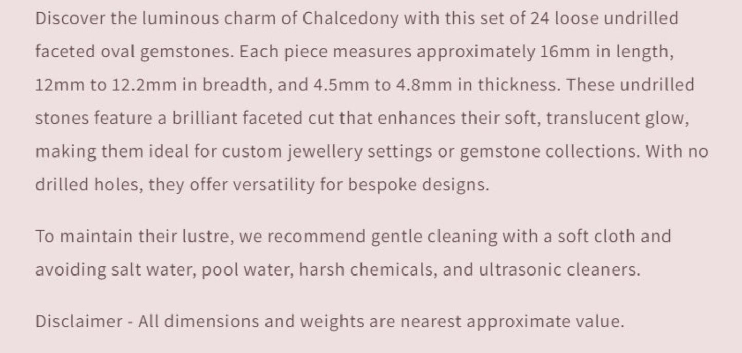 Text description of Chalcedony gemstones with product details and care instructions.