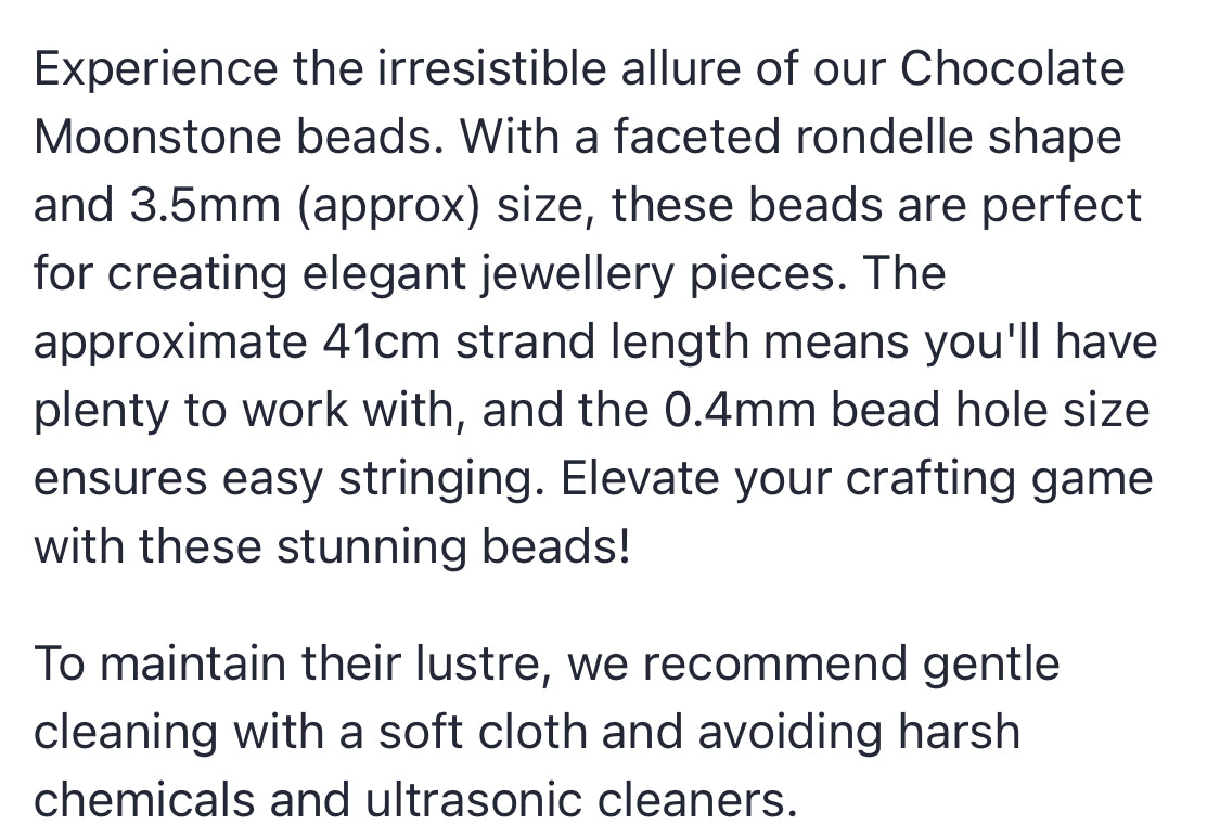 Text describing the product details of the Moonstone gemstone beads, as seen on the Australian owned Melbourne Gemstone Beads shop.