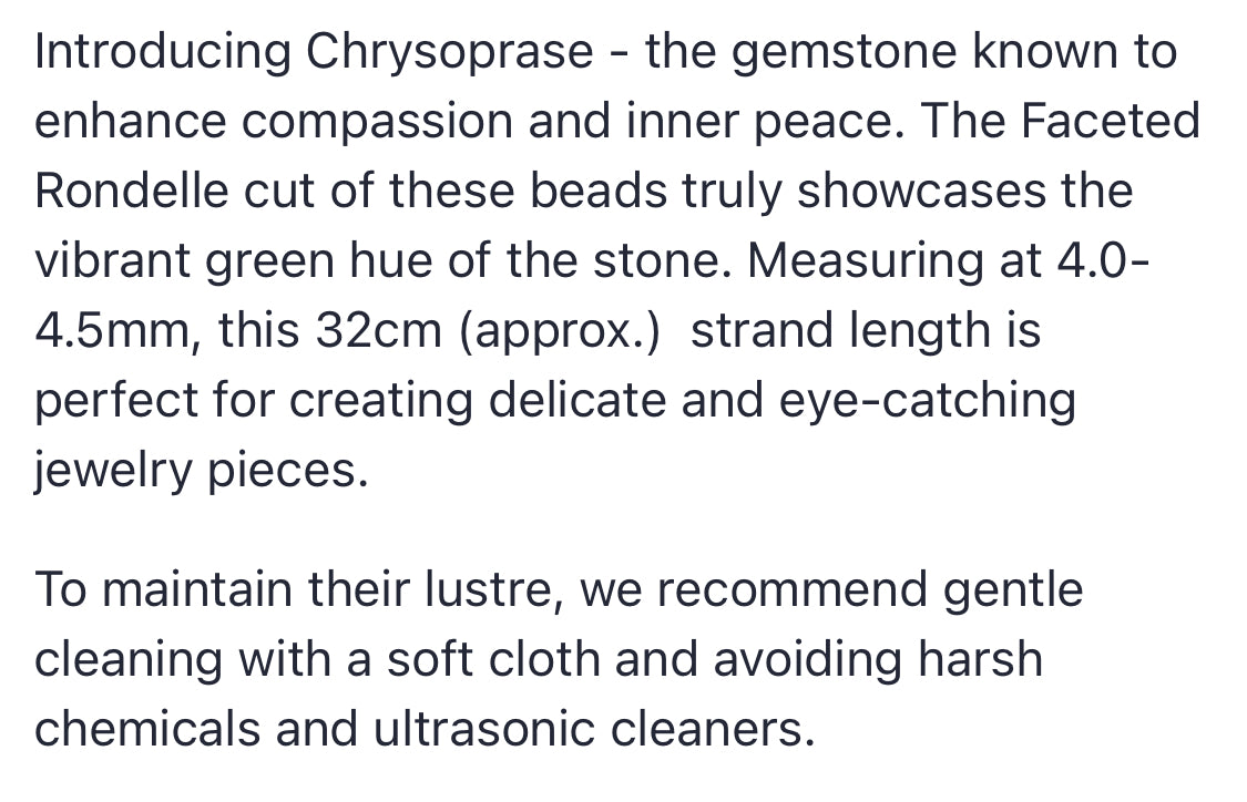 Text describing the product details of the Chrysoprase Faceted Rondelle gemstone beads , as seen on the Australian owned Melbourne Gemstone Beads shop.