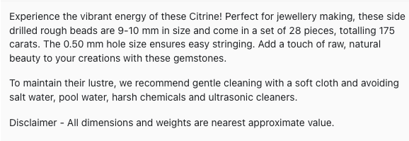 Text describing the product details of the Citrine gemstone beads, as seen on the Australian owned Melbourne Gemstone Beads shop.