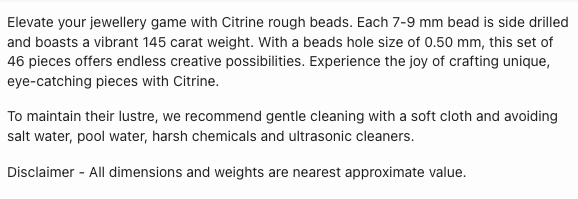 Text describing the product details of the Citrine gemstone beads, as seen on the Australian owned Melbourne Gemstone Beads shop.