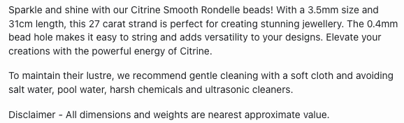 Text describing the product details of the Citrine natural gemstone beads, as seen on the Australian owned Melbourne Gemstone Beads shop.