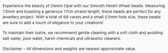 Text describing the product details of the Denim opal natural gemstone beads, as seen on the Australian owned Melbourne Gemstone Beads shop.