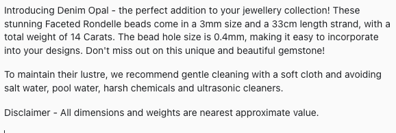Text describing the product details of the 3mm Faceted Rondelle Denim Opal Beads as seen on the Melbourne Gemstone Beads shop.