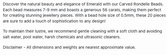 Text describing the product details of the Carved Rondelle Emerald gemstone beads, as seen on the Australian owned Melbourne Gemstone Beads shop.