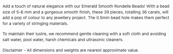 Text describing the product details of the Emerald natural gemstone beads, as seen on the Australian owned Melbourne Gemstone Beads shop.