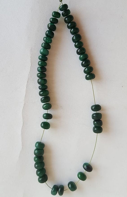 Beautiful strand with 5-6mm emerald smooth rondelle beads, offering a striking green appearance.