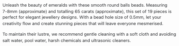 Text describing the product details of the Emerald gemstone beads, as seen on the Australian owned Melbourne Gemstone Beads shop.