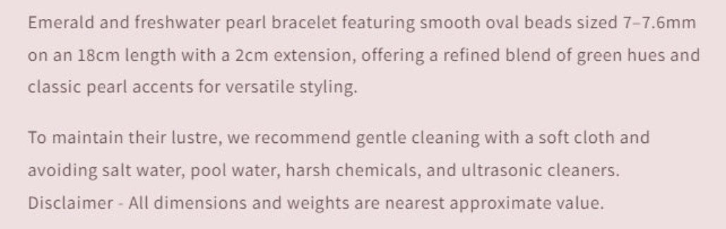 Product description of an emerald and freshwater pearl bracelet with size and length details.