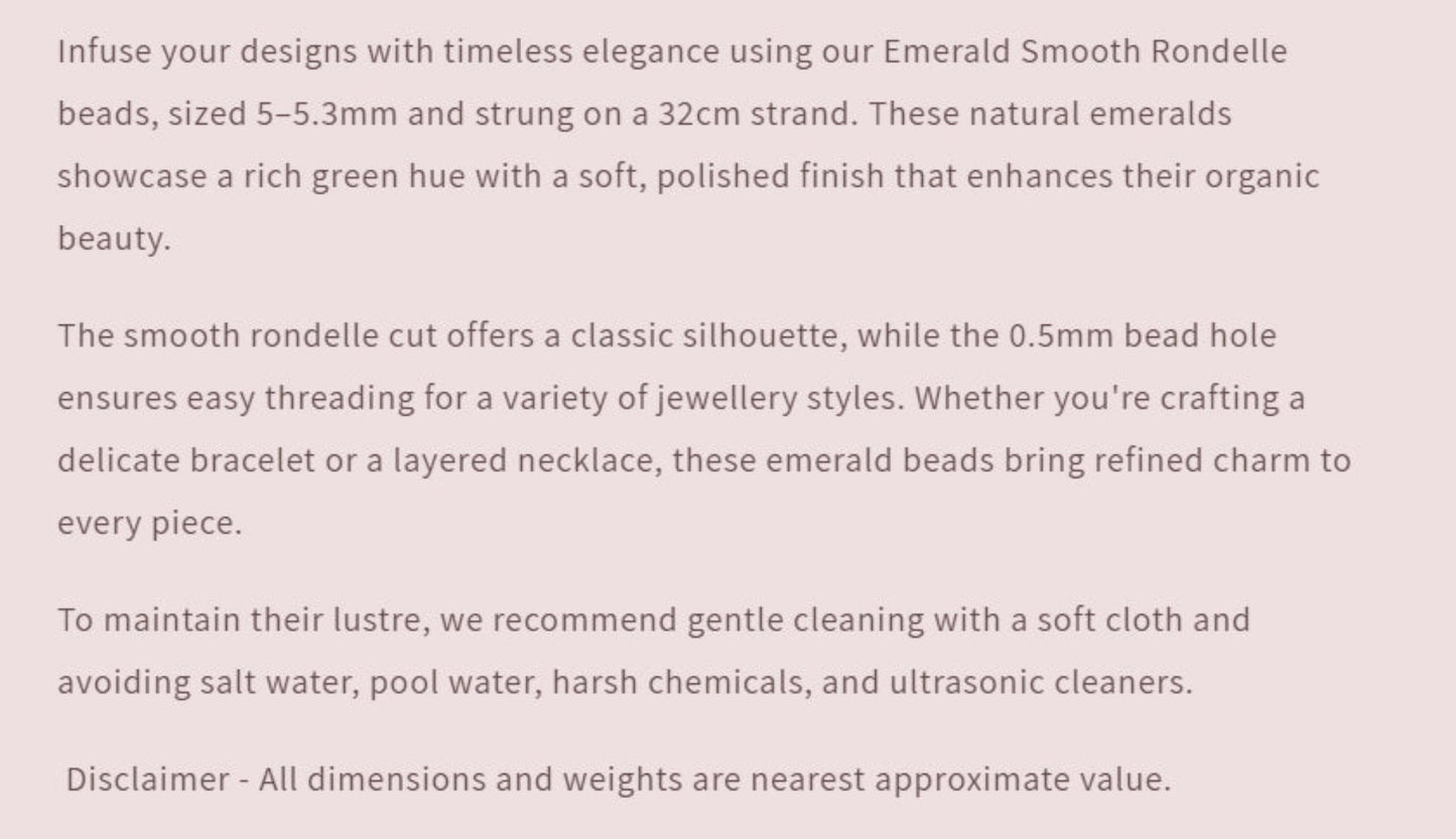 Text description of Emerald Smooth Rondelle beads with product details and care instructions.