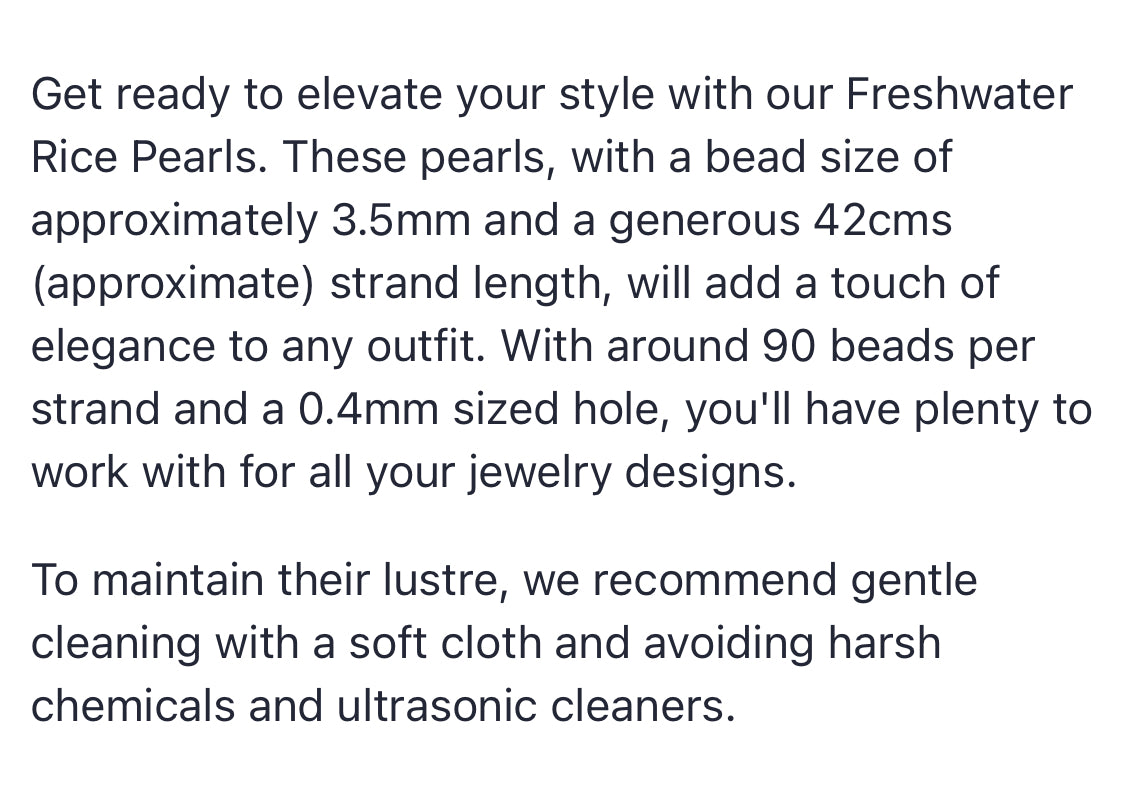 Text describing the product details of the freshwater 3.5mm rice pearl Bead , as seen on the Australian owned Melbourne Gemstone Beads shop.