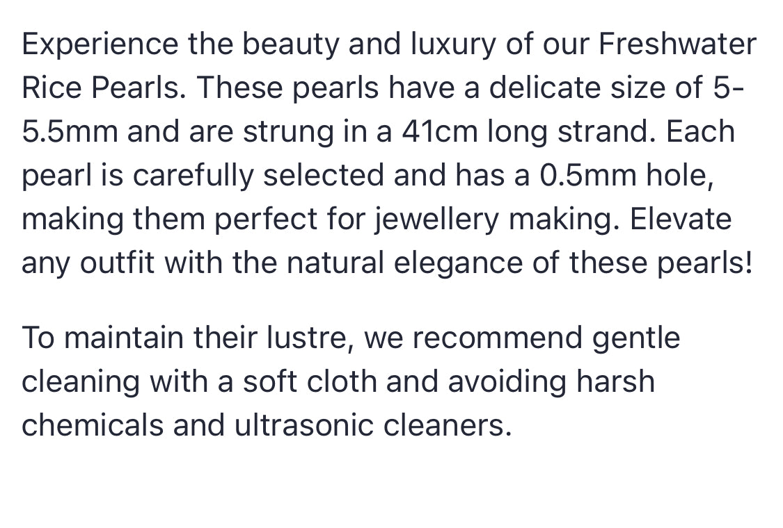 Text describing the product details of the freshwater baroque rice pearl beads , as seen on the Australian owned Melbourne Gemstone Beads shop.