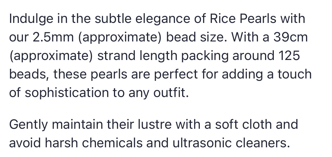 Text describing the product details of the 2.5mm Freshwater Pearl beads , as seen on the Australian owned Melbourne Gemstone Beads shop.
