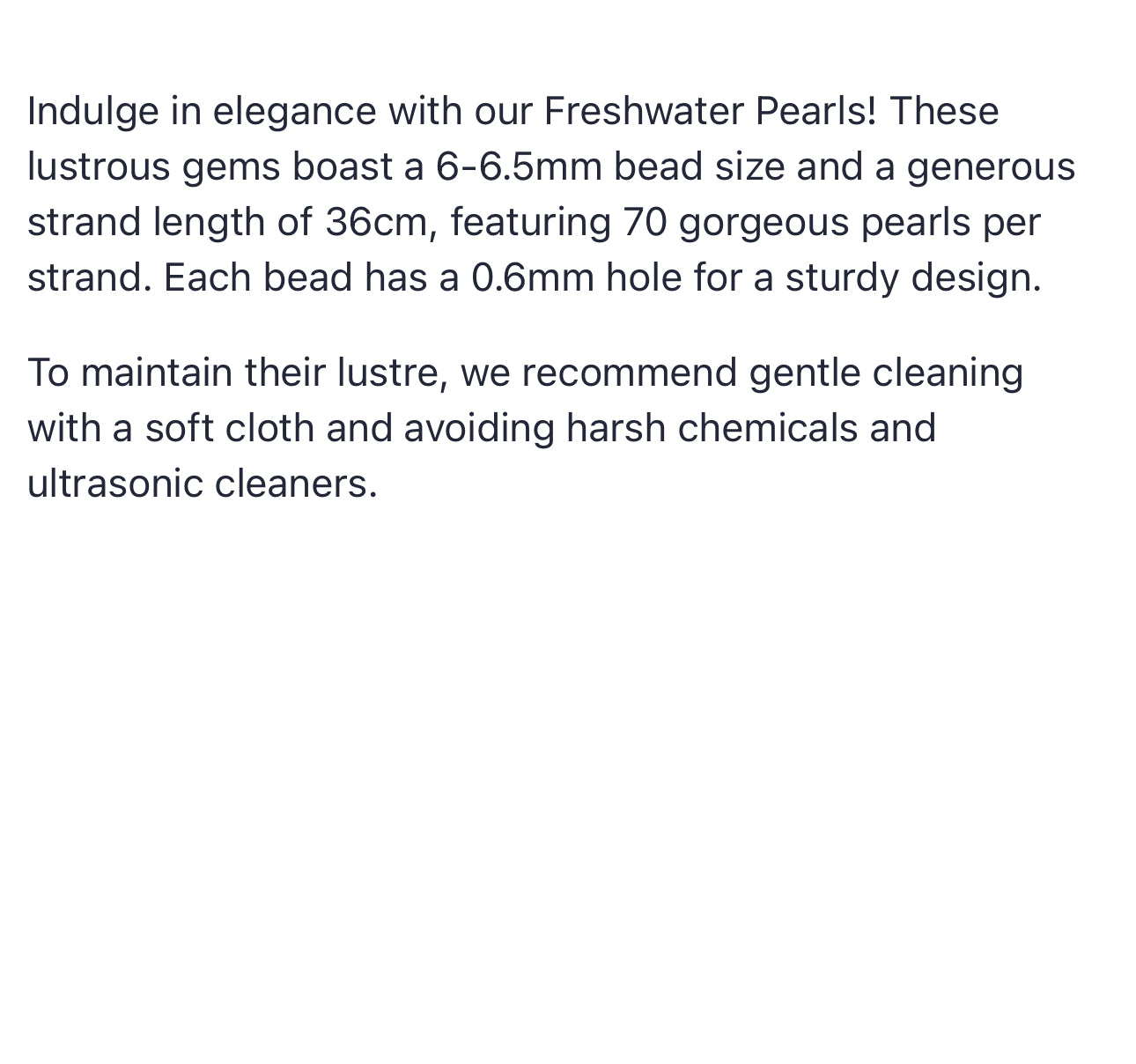 Text describing the product details of the 6-6.5mm freshwater rice pearl beads , as seen on the Australian owned Melbourne Gemstone Beads shop.