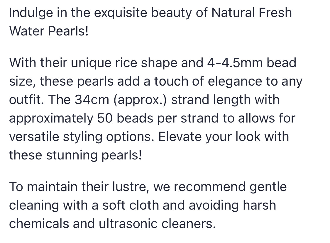 Text describing the product details of the freshwater rice pearl beads , as seen on the Australian owned Melbourne Gemstone Beads shop.