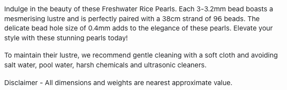 Text describing the product details of the 3.0-3.2mm freshwater rice pearl beads , as seen on the Australian owned Melbourne Gemstone Beads shop.