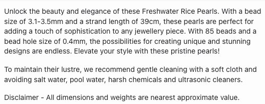 Text describing the product details of the 3.1-3.5mm Freshwater Rice Pearl Beads , as seen on the Australian owned Melbourne Gemstone Beads shop.